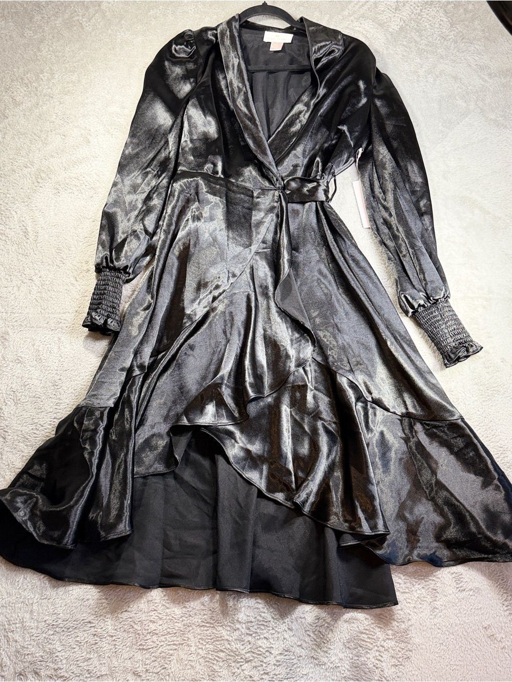Rachel Parcell Black Satin Wrap Dress with Ruffle Hem - XS NWT - Picture 3 of 7